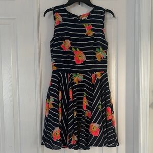 Maison Jules sleeveless Navy Blue and White striped Floral Fit and flare Dress